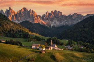 Colors, Dolomites, Italy, Landscape, autumn, buildings, church, fall., morning, nature, sky, sunset
