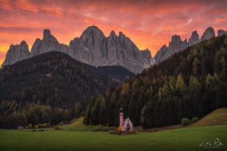 Colors, Dolomites, Italy, Landscape, autumn, buildings, church, fall., morning, nature, sky, sunrise